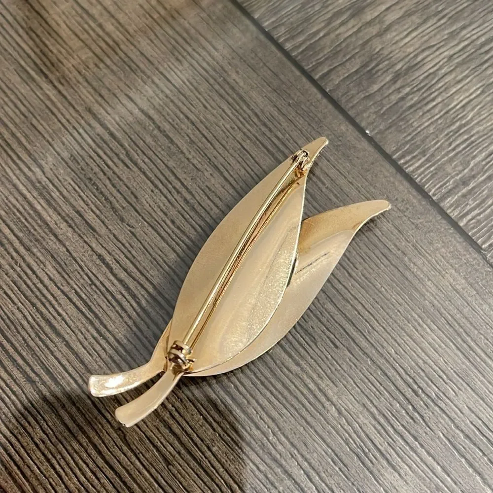 Vintage Double Leaf Gold-tone Pin with Faux Pearl Accent